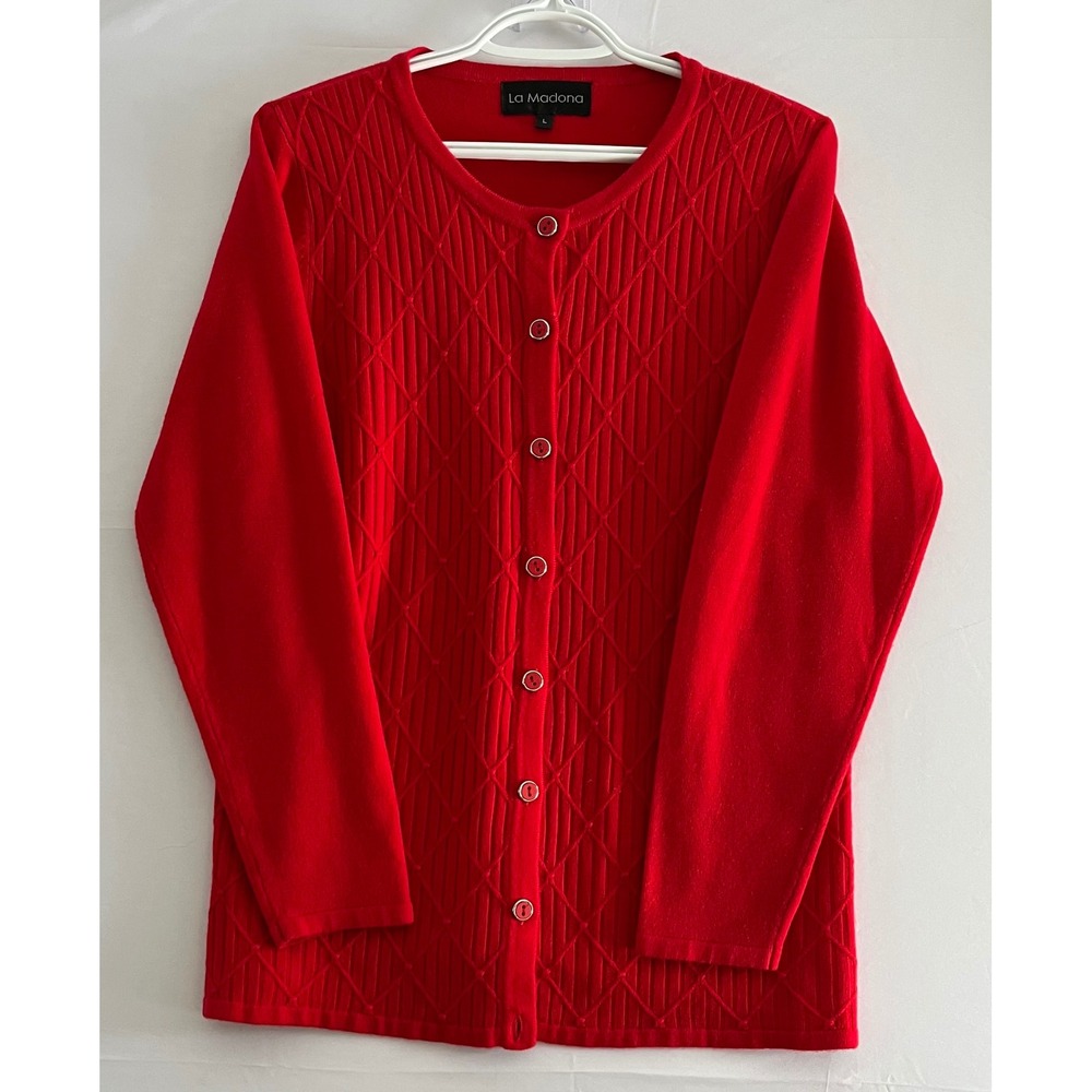 La Madona Red Knit Diamond Texture Button Cardigan L